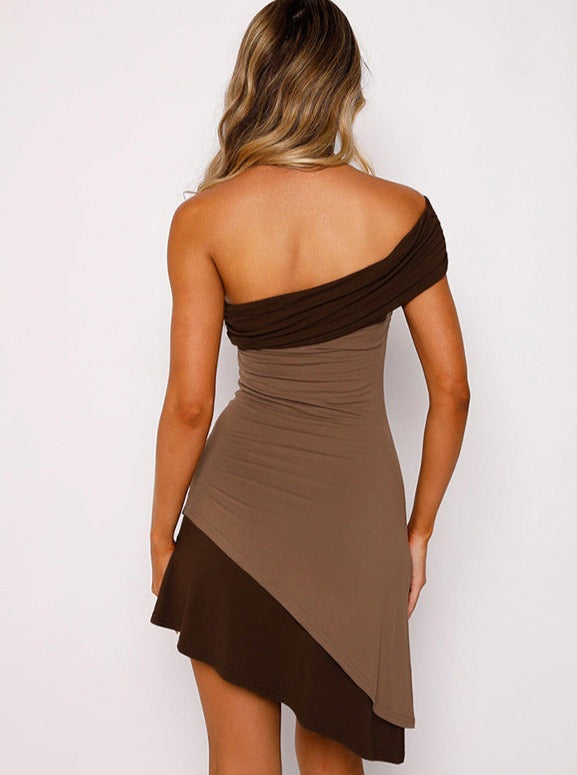 Brown One Shoulder Asymmetrical Slim Dress
