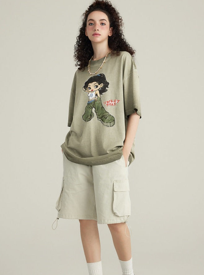Khaki Ombre Casual Cartoon Girl Printed Shirt