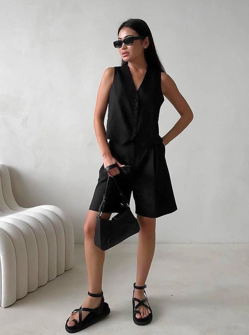 Temperament Solid Color Sleeveless High-Waist Casual Suit