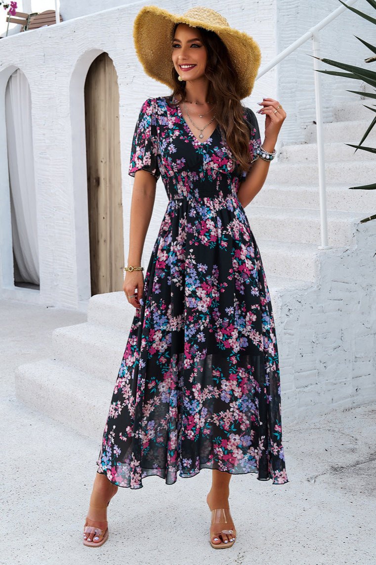 Elegant V-Neck Floral A-Line Midi Dress