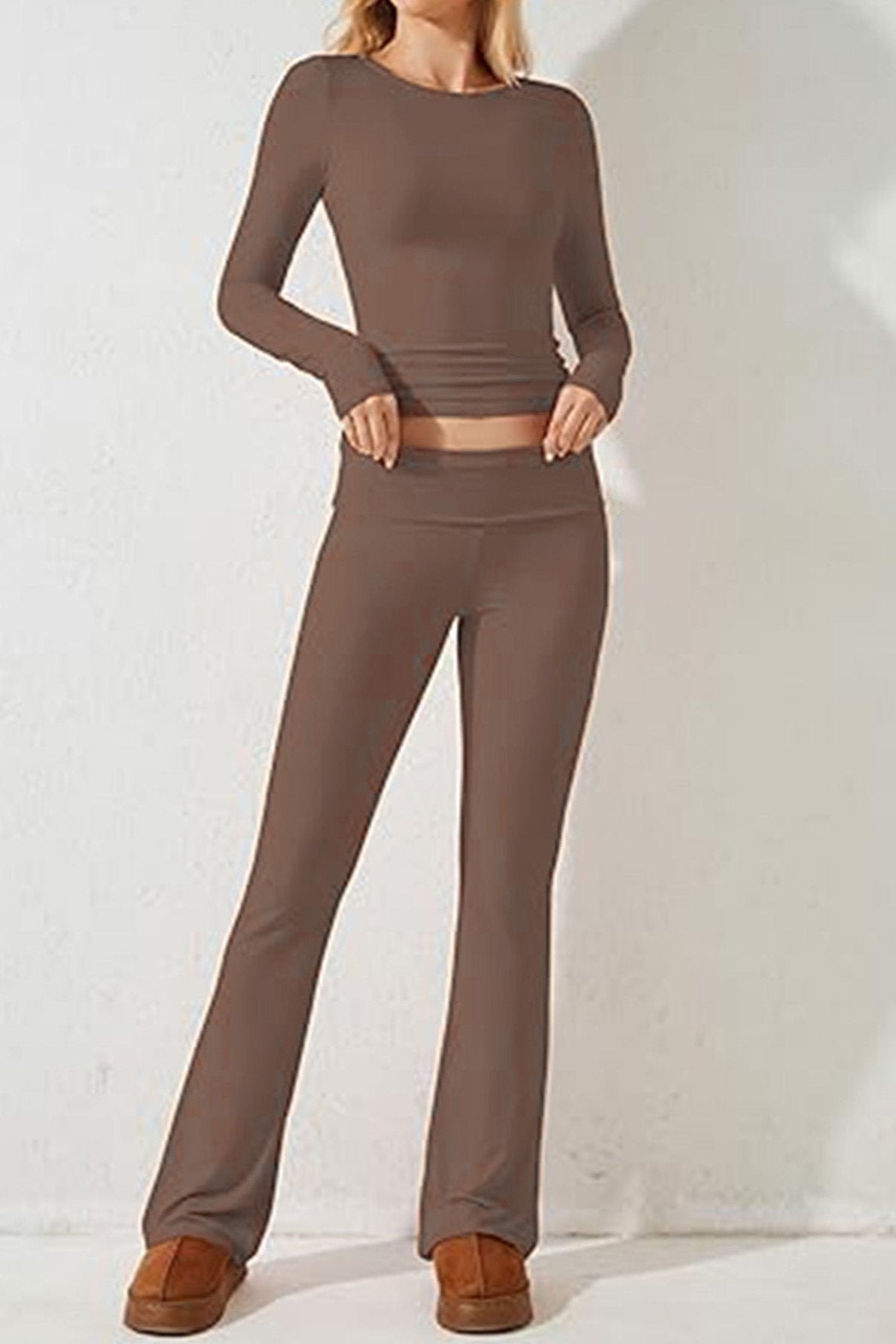 Two Piece Long Sleeve Crop Top Flare Pants Set