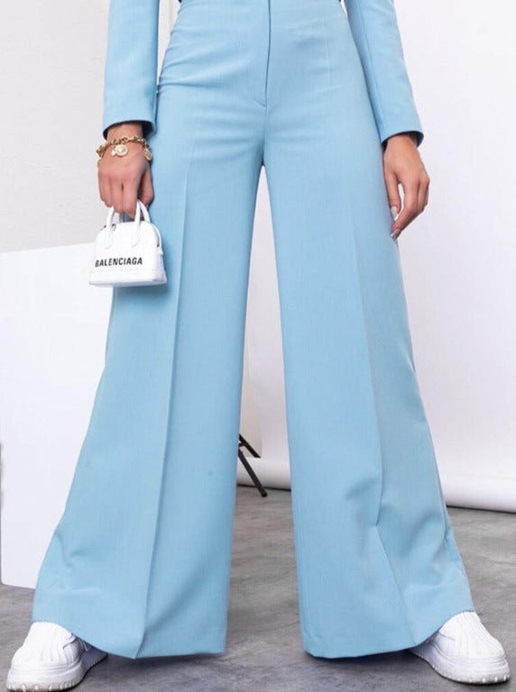 Blue Long Sleeve Collared Top and Loose Pants Set