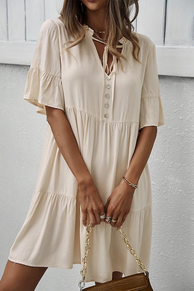 Sexy Frill V-Neck Drawstring Tie Smock Dress