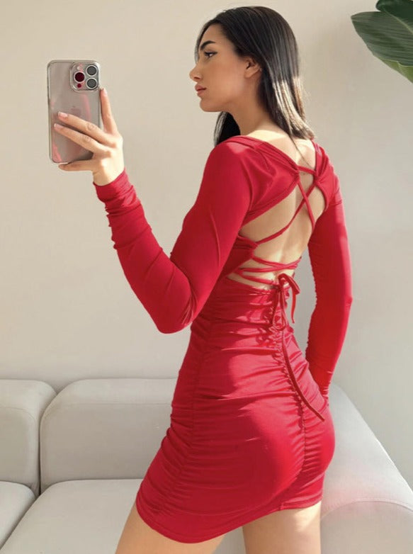 Sexy Backless Tie Rope Long Sleeve Mini Dress