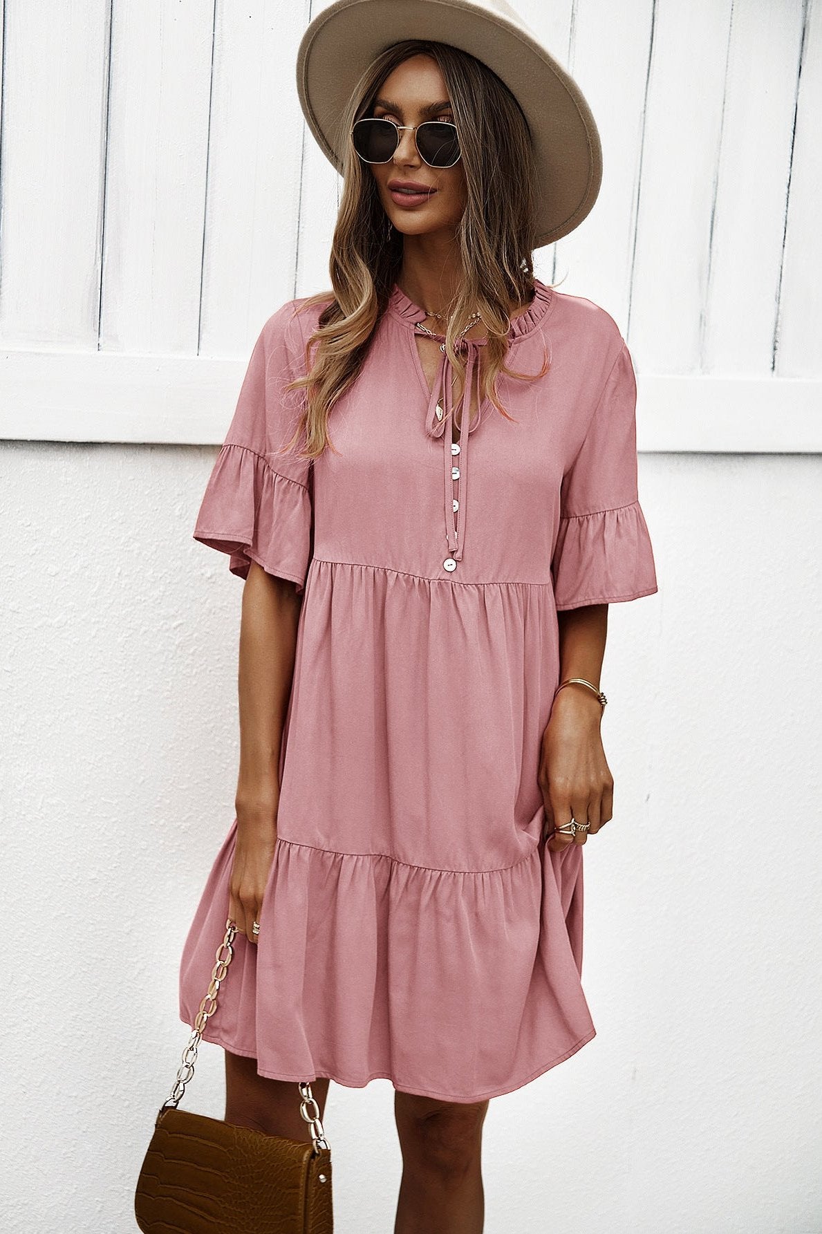 Sexy Frill V-Neck Drawstring Tie Smock Dress