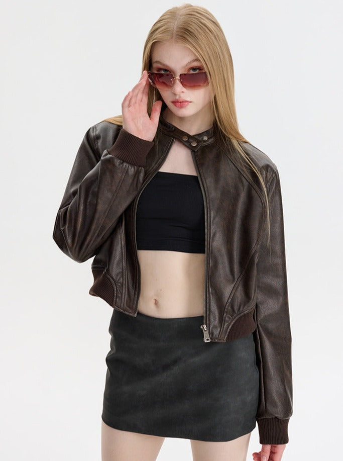 Coffee Color Long-Sleeved Zip Up Leather Jacket