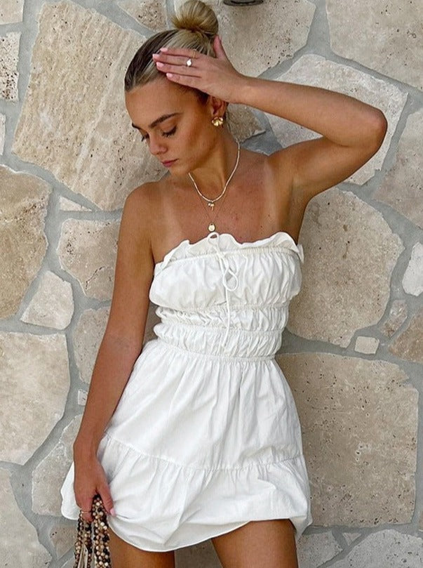 Solid Color Tube Top Drawstring Dress