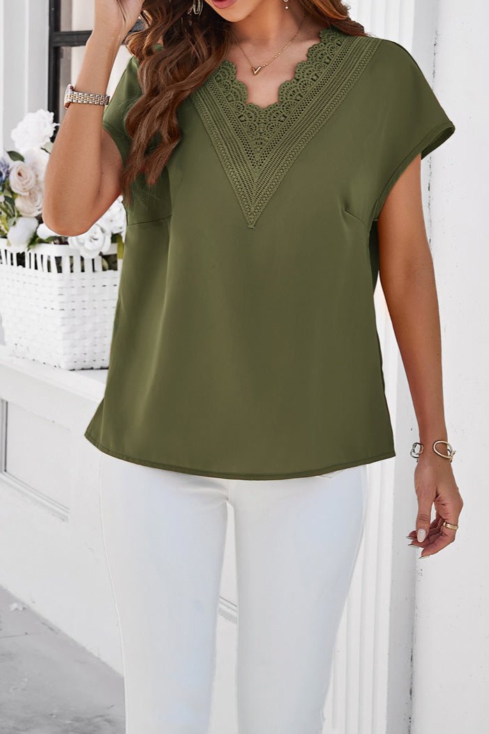 Elegant V-Neck Lace Short Sleeve Shirt