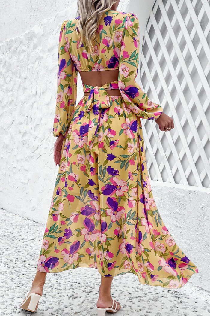 Long Sleeve Deep V-Neck Floral Maxi Dress