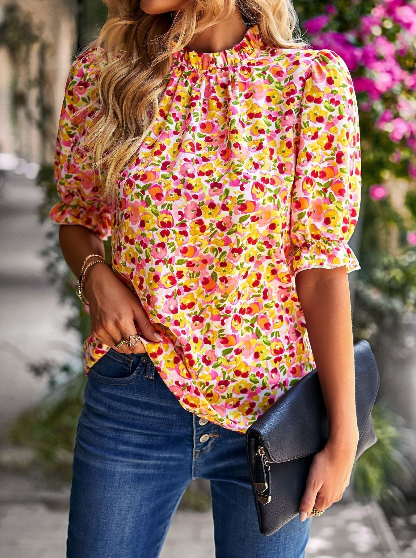 Casual Floral Printed Puff Sleeve Top
