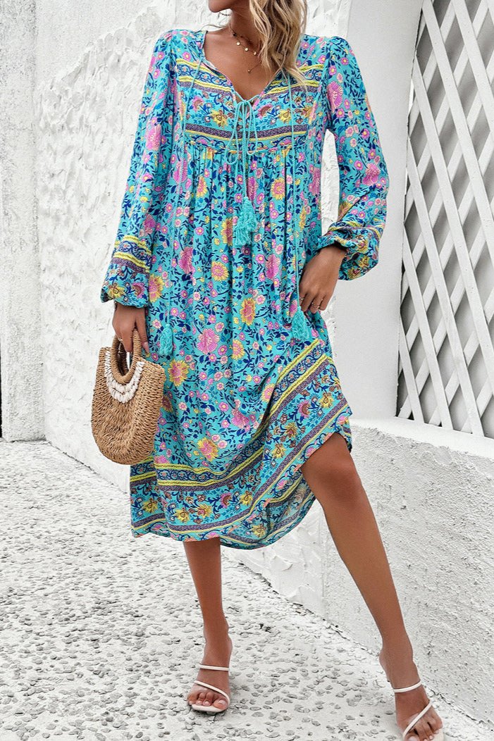 Stylish Floral Long Lantern Sleeve Midi Dress