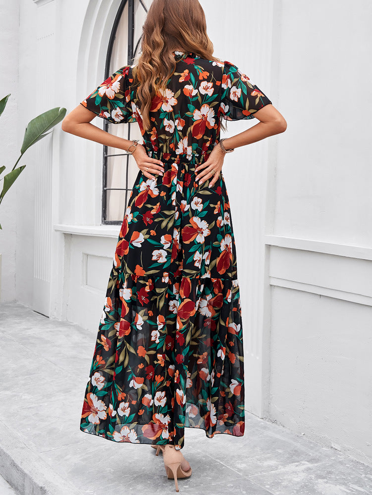 Black Green V-Neck Floral Printed Sundress