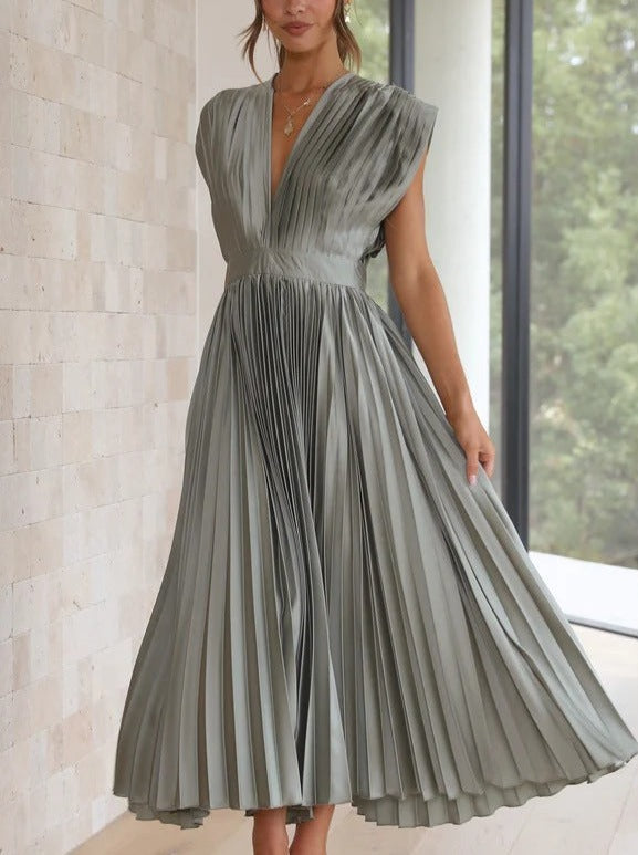Grey Casual V-Neck Pleated Dress