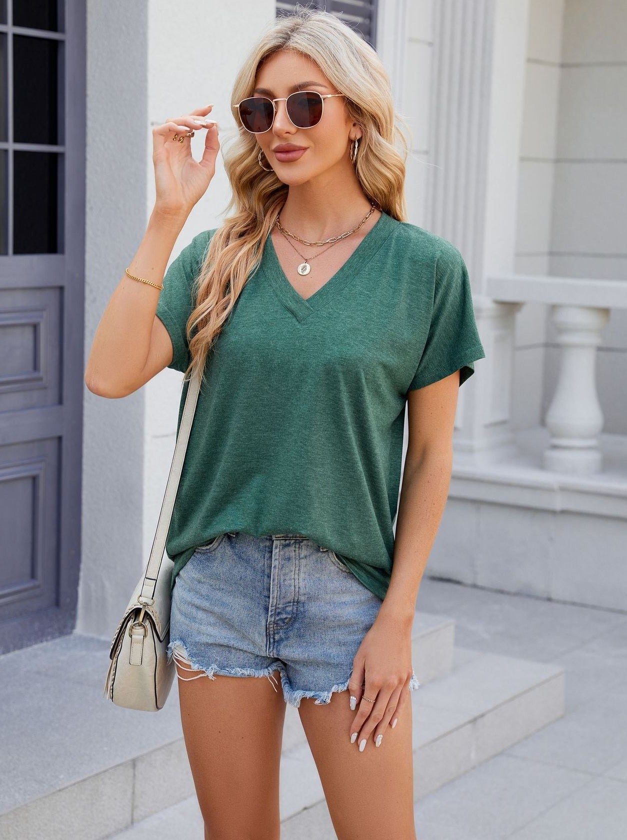 Green V-Neck Loose Short Sleeve T-Shirt