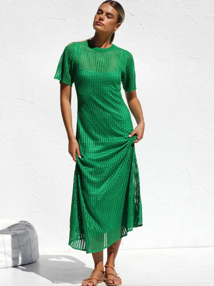 Green Casual Round Neck Short Sleeve Hollow Mid-Length Dress