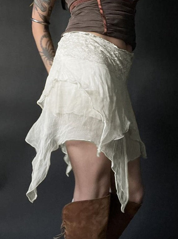 Hvid højtaljet mesh asymmetrisk nederdel 