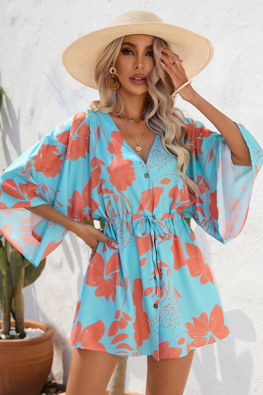 Tropical Printed Half Sleeve Mini Dress