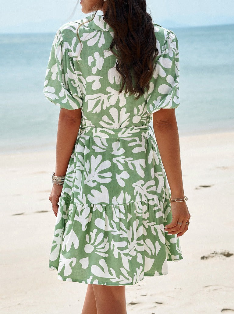 Green Tropical Printed V-Neck Short Sleeve Mini Dress