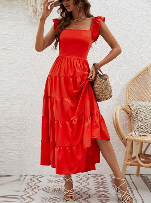 Solid Color Square Neck Layered Dress