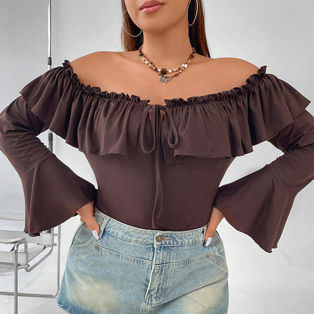 One-Line Collar Ruffled Trumpet Sexy Top