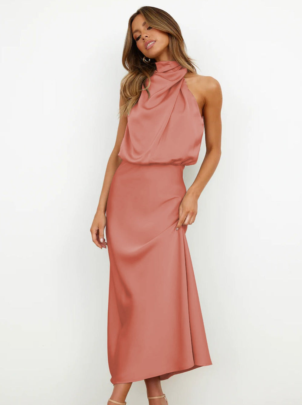 Elegant Pink Halter Neck Dress