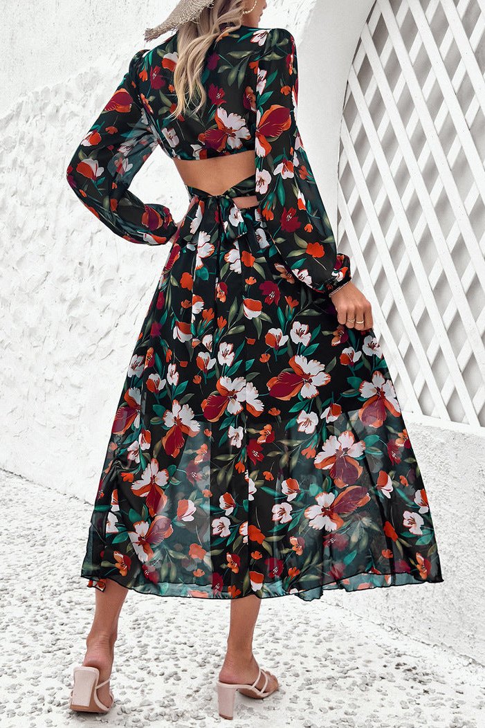 Long Sleeve Deep V-Neck Floral Maxi Dress