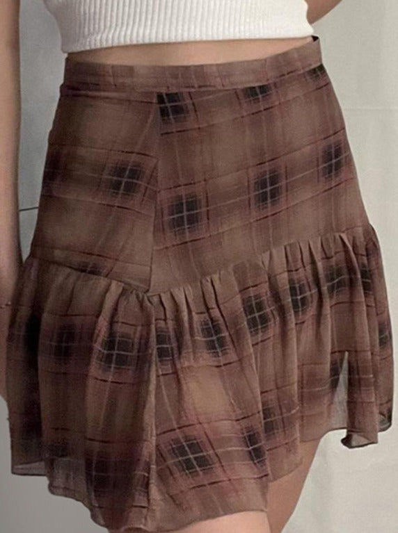 Brown Retro Style Mesh Casual Plaid Short Skirt