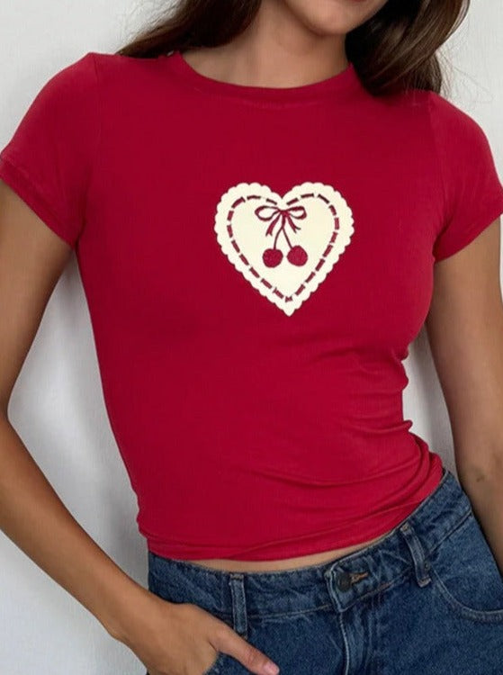 Cherry Heart Printed Round Neck Shirt