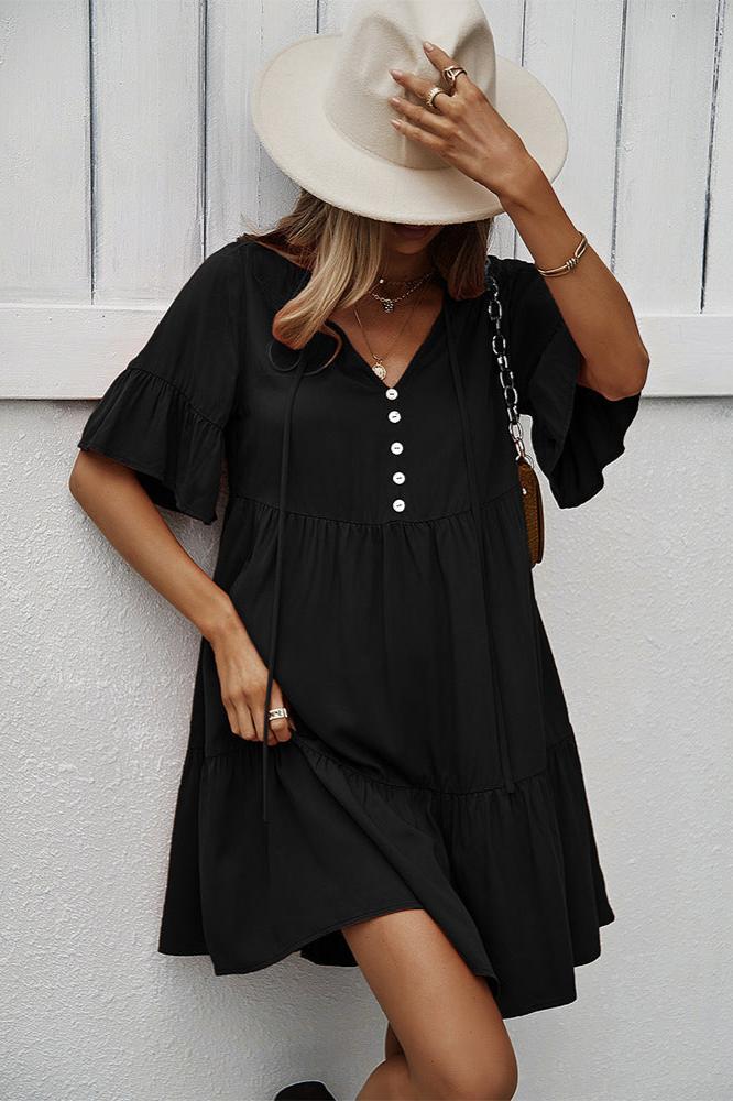 Sexy Frill V-Neck Drawstring Tie Smock Dress