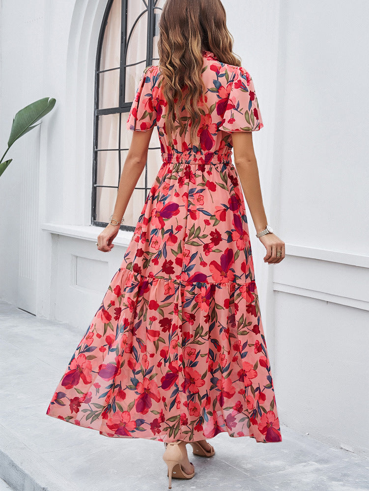 Pink V-Neck Floral Printed Sundress