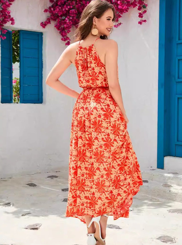 Orange ærmeløs tropisk kjole med halsudskæring 