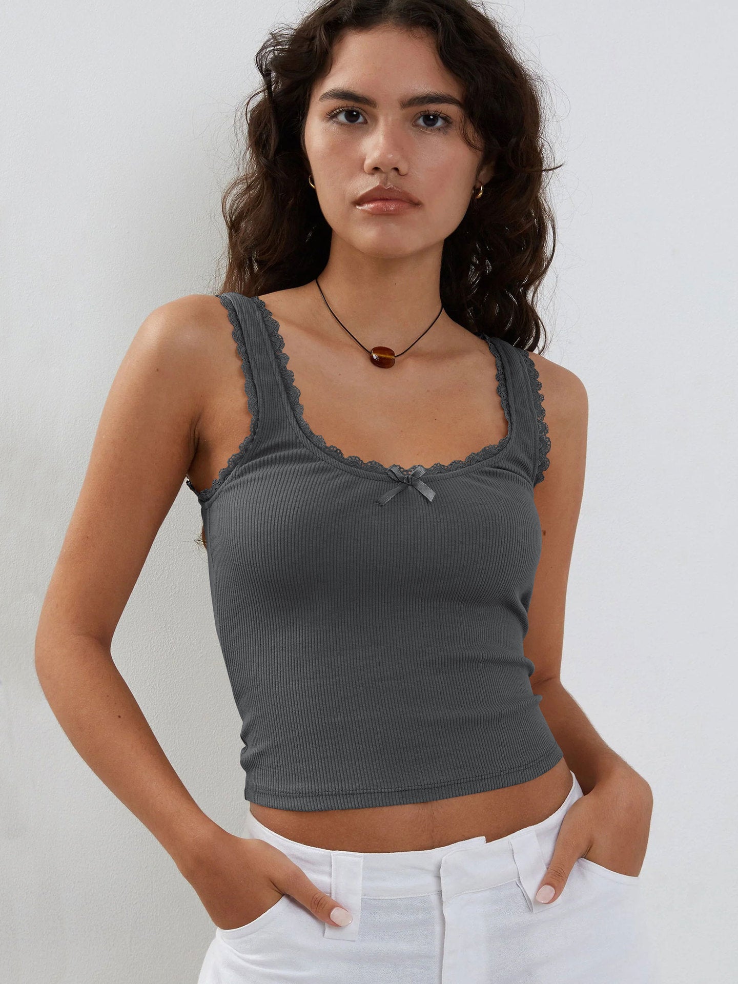 Brown Tank Lace Sleeveless Crop Top