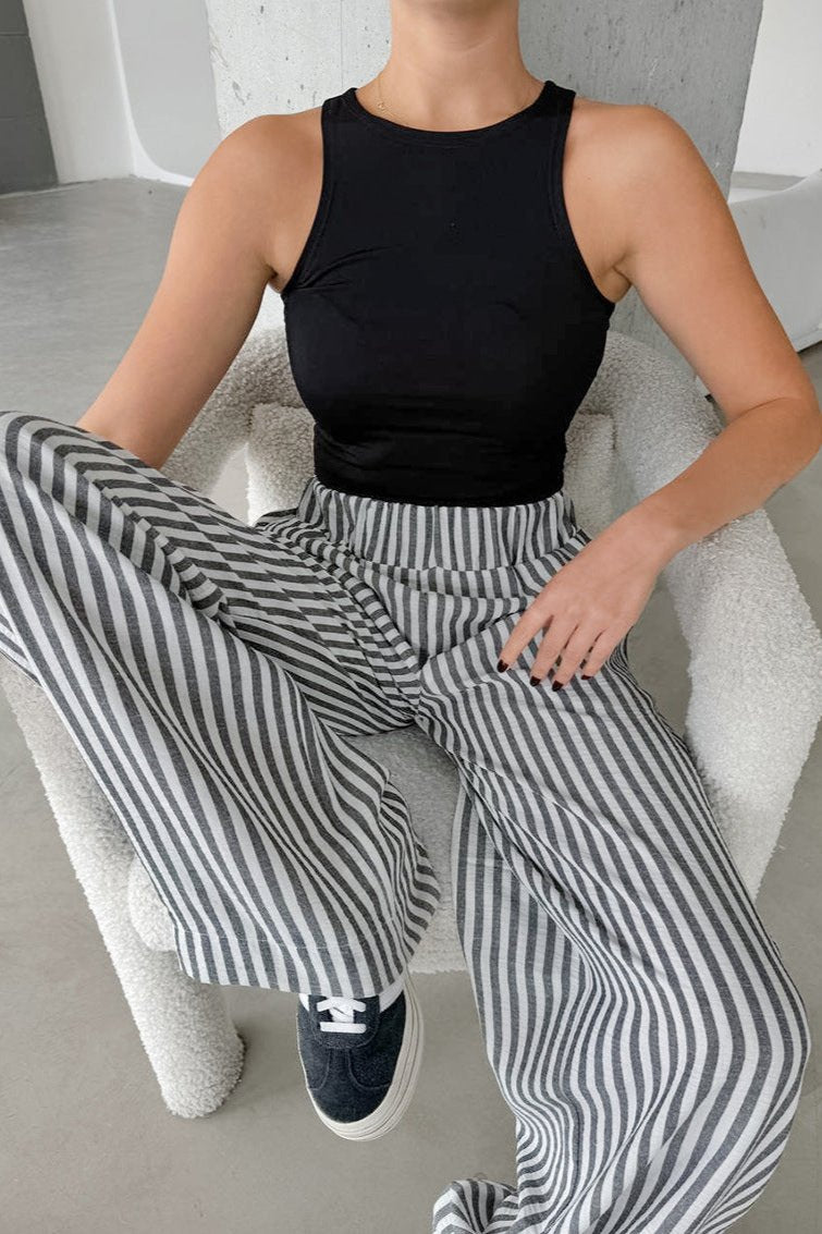 Casual Stripes High Waist Loose Straight Elastic Trousers