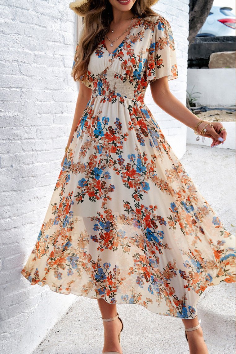 Elegant V-Neck Floral A-Line Midi Dress