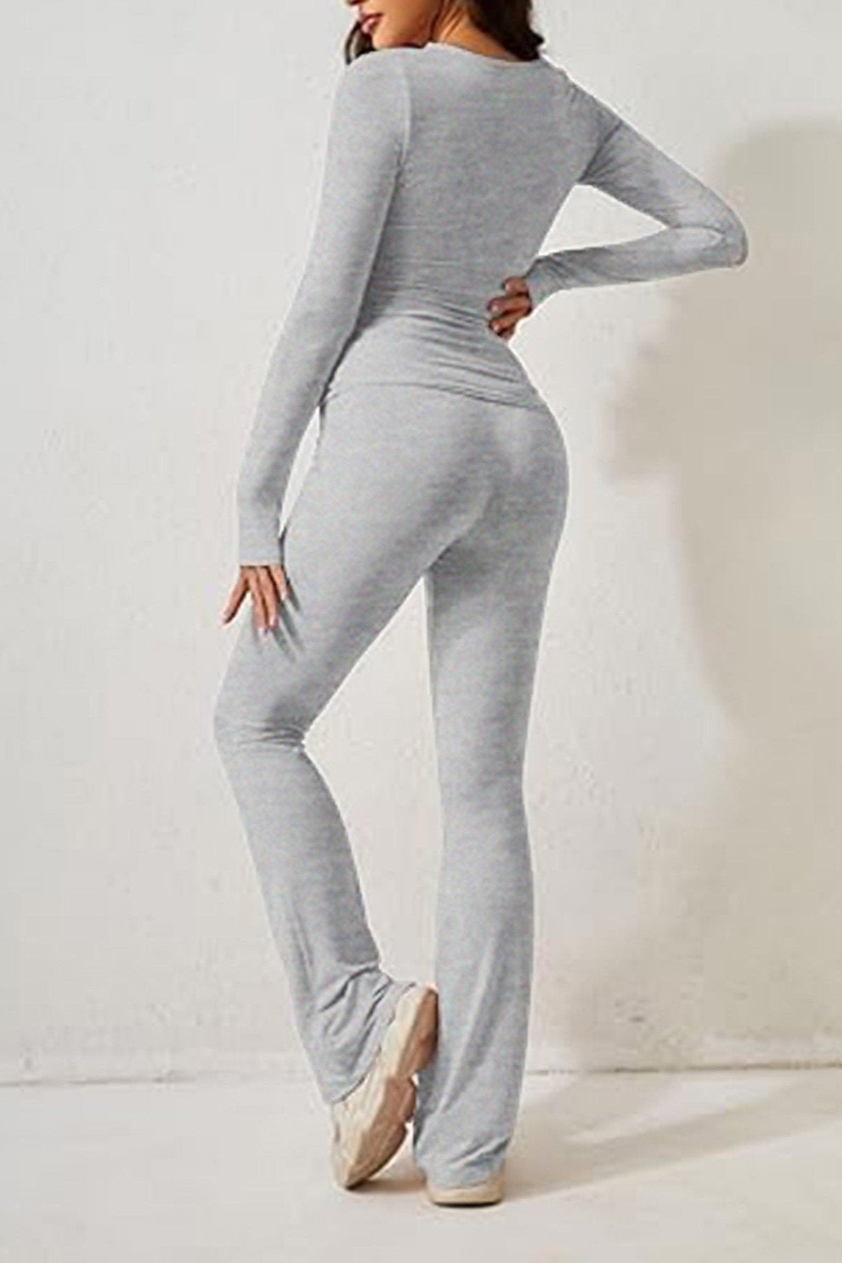 Two Piece Long Sleeve Crop Top Flare Pants Set