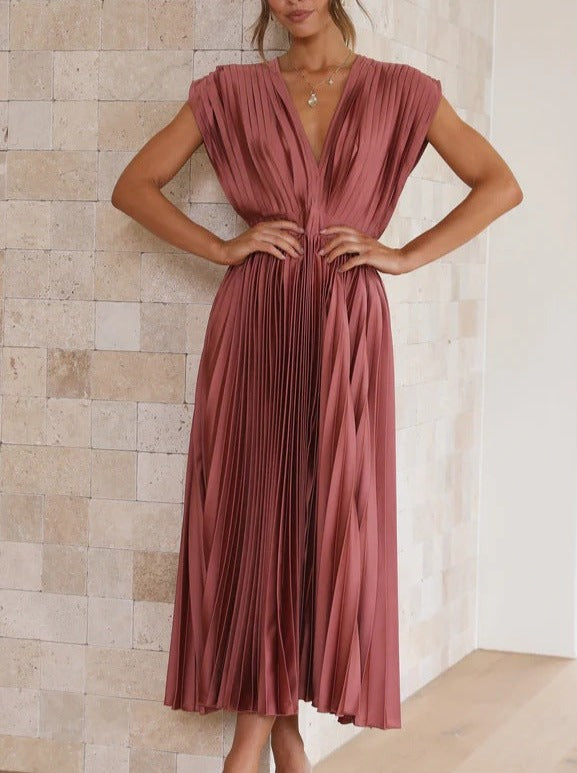 Brick Red Casual V-Neck Pleated Dress