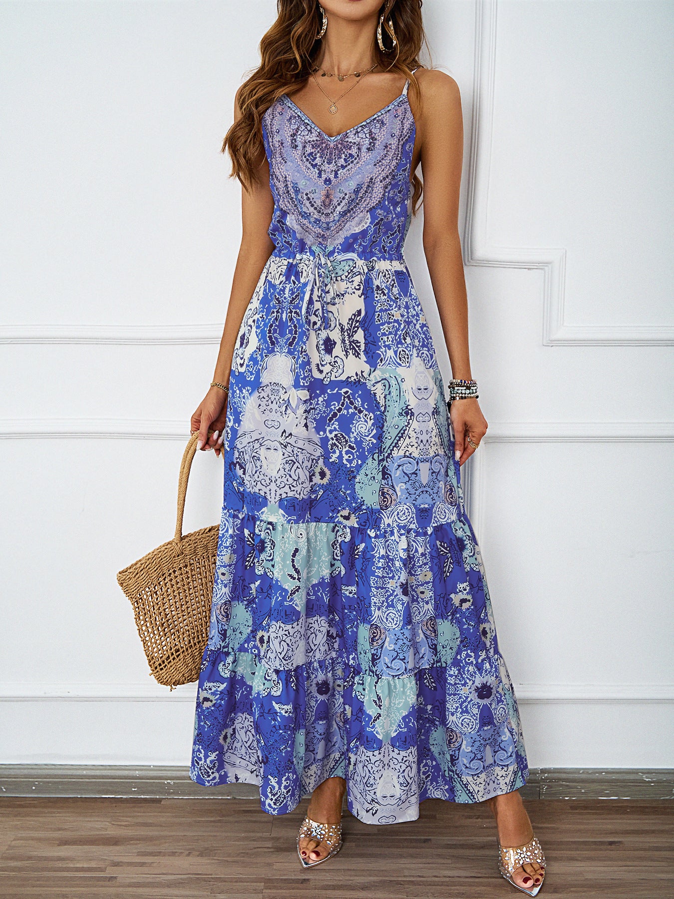 V-Neck Retro Printed Sleeveless Dress