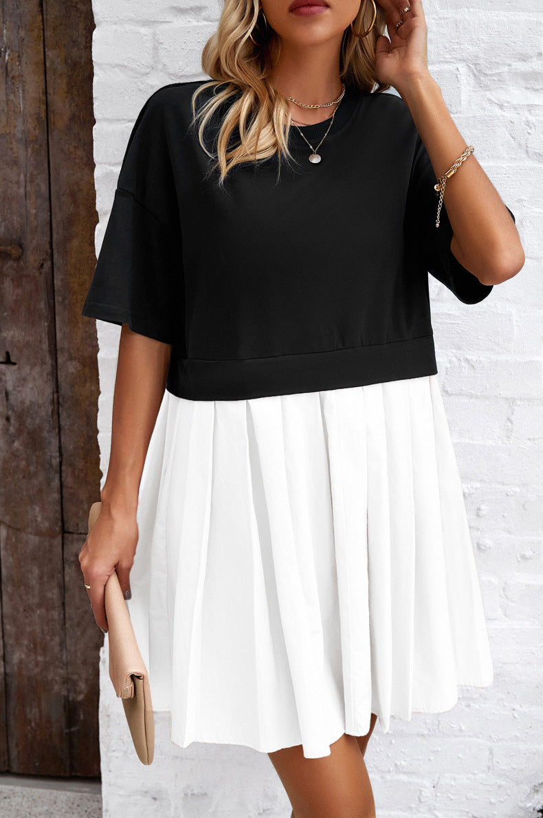 Round Neck Short Sleeve Pleated Dress