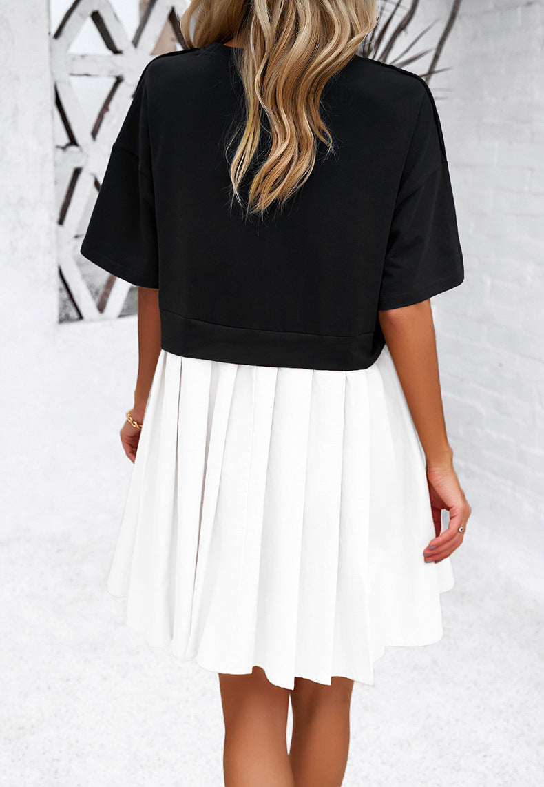 Round Neck Short Sleeve Pleated Dress