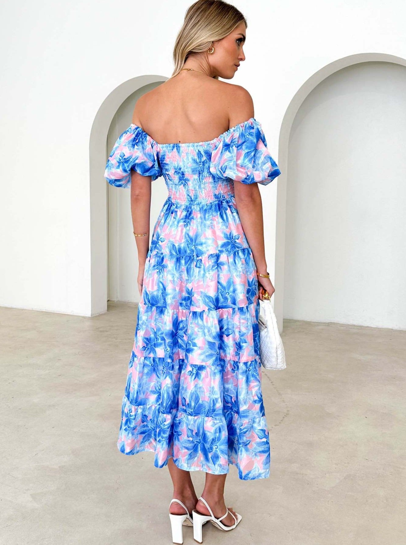 Blue Floral Smocked Square Neck Puff Sleeve Dress