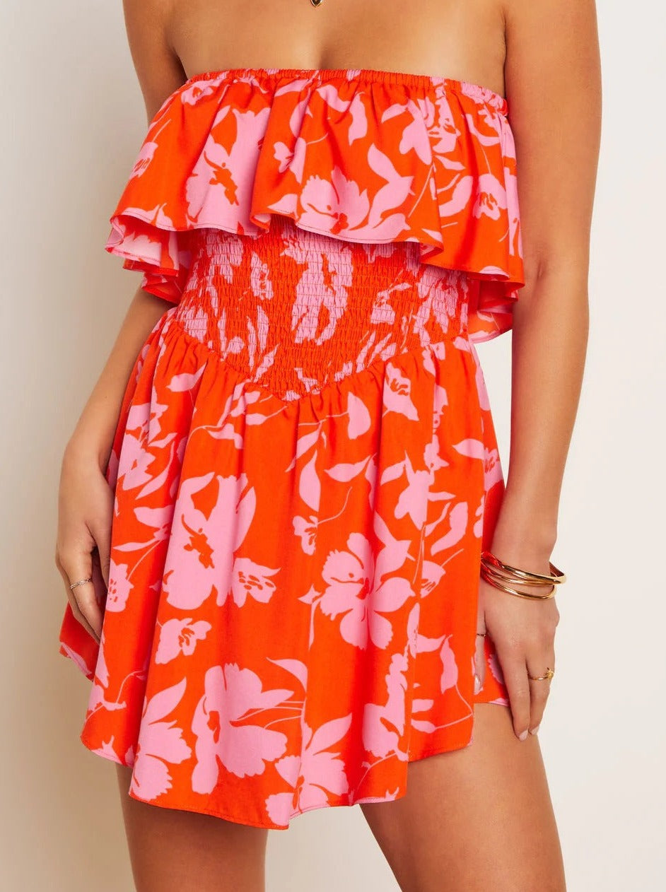 Red Strapless Tropical Printed Tube Top Dress