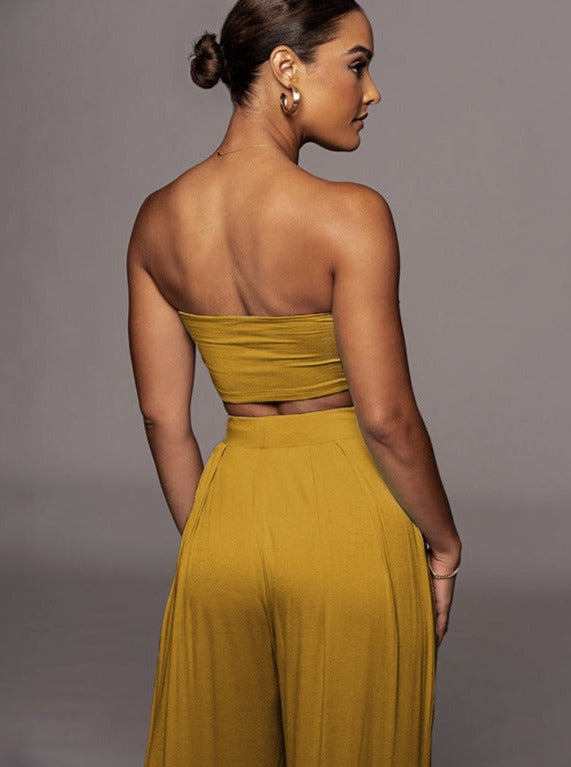 Gold Lace-Up Tube Top and Mid Waist Wide Leg Pants