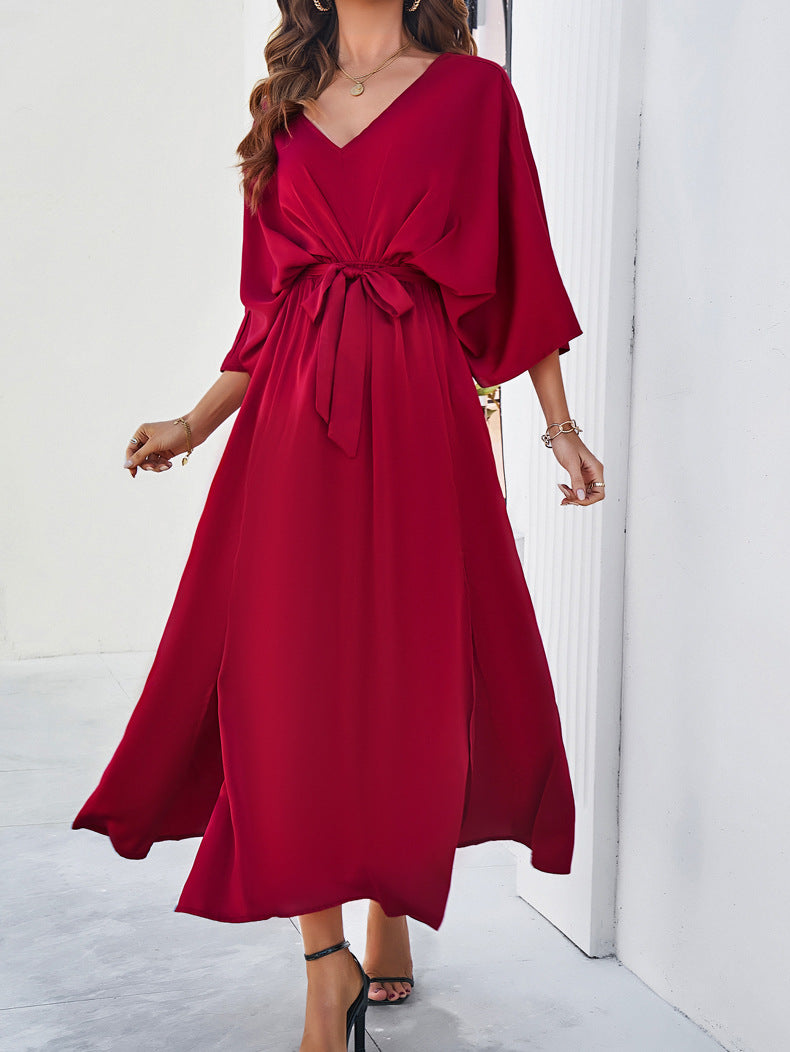 Red Elegant V-Neck Temperament Loose Dress