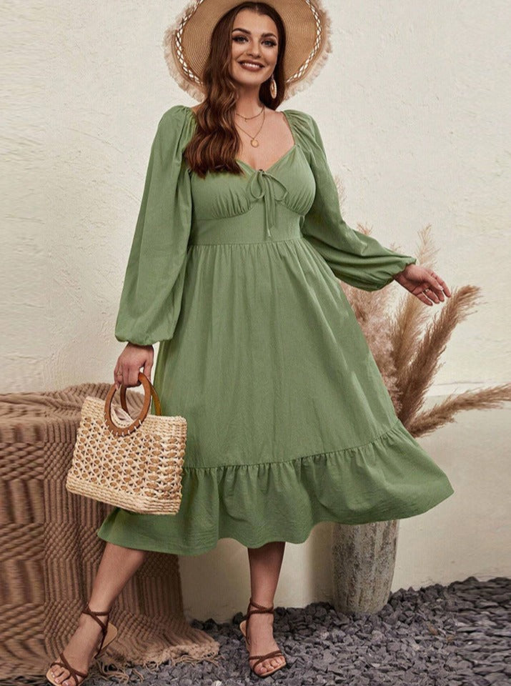 Puff Long Sleeve Square Neck Casual Dress