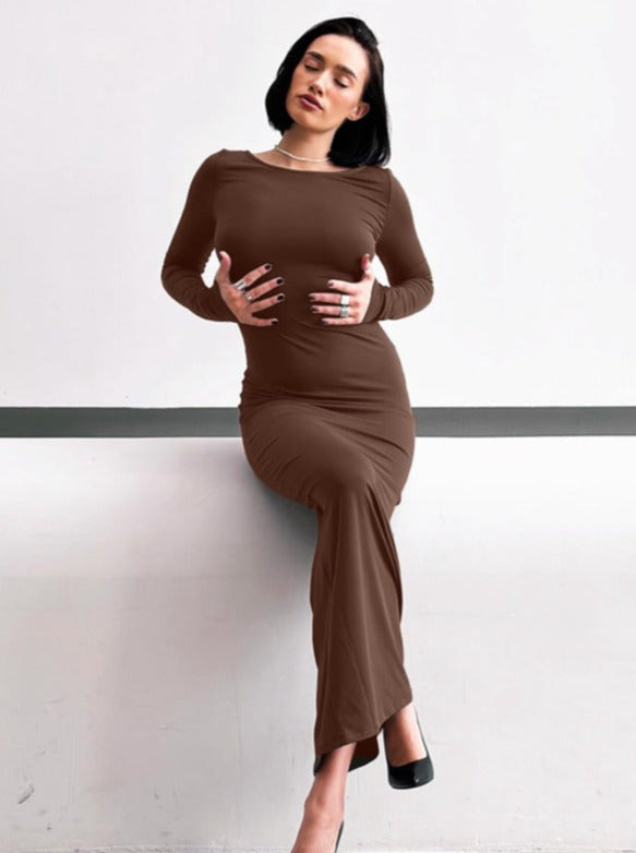 Solid Color Long Sleeve Tie Back Maxi Dress