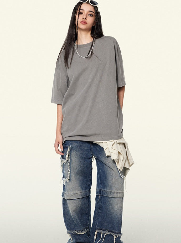 Gray Trendy Vintage Short-Sleeved Loose T-Shirt