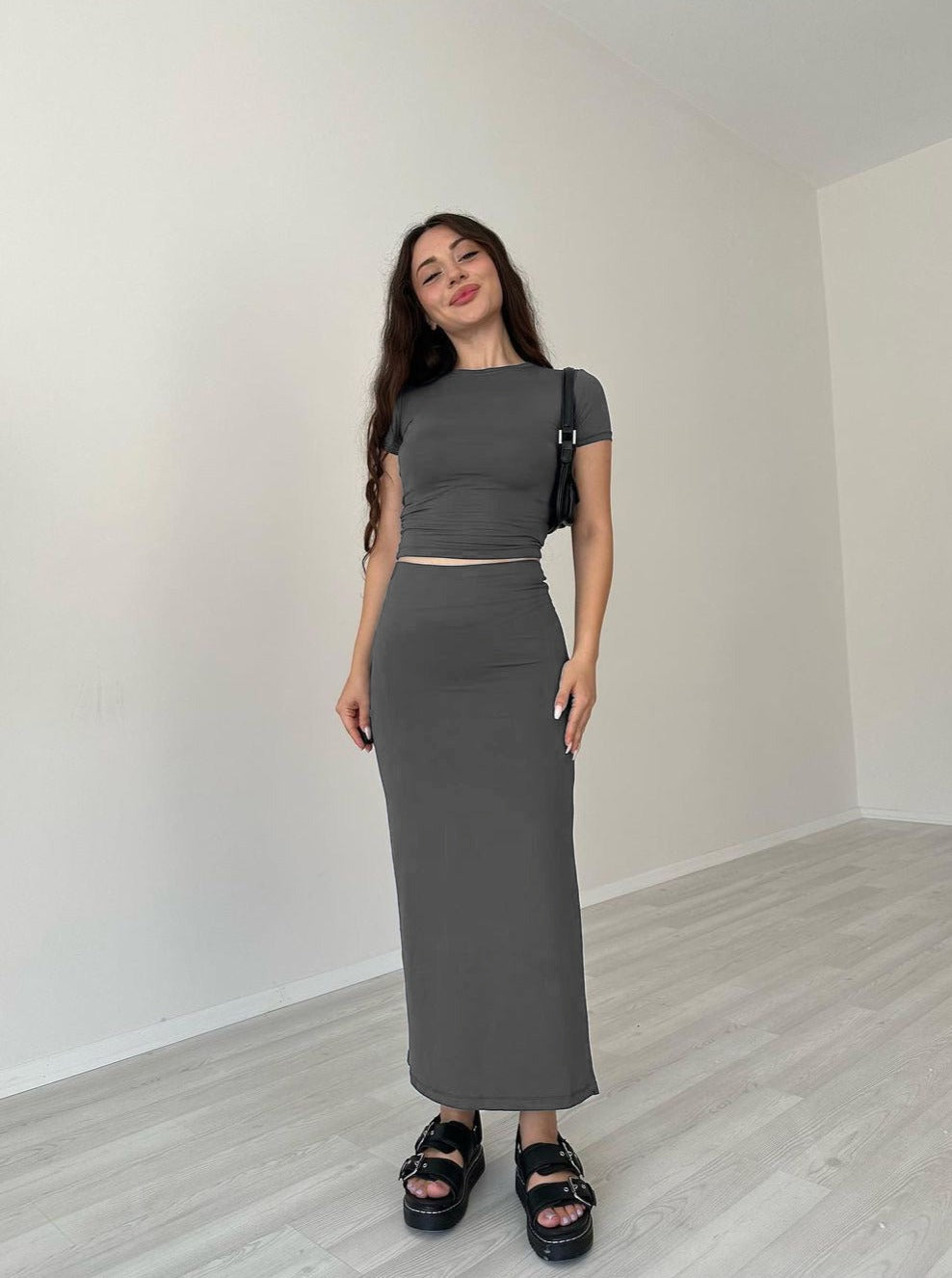 Casual Gray Round Neck Crop Top and Skirt Set