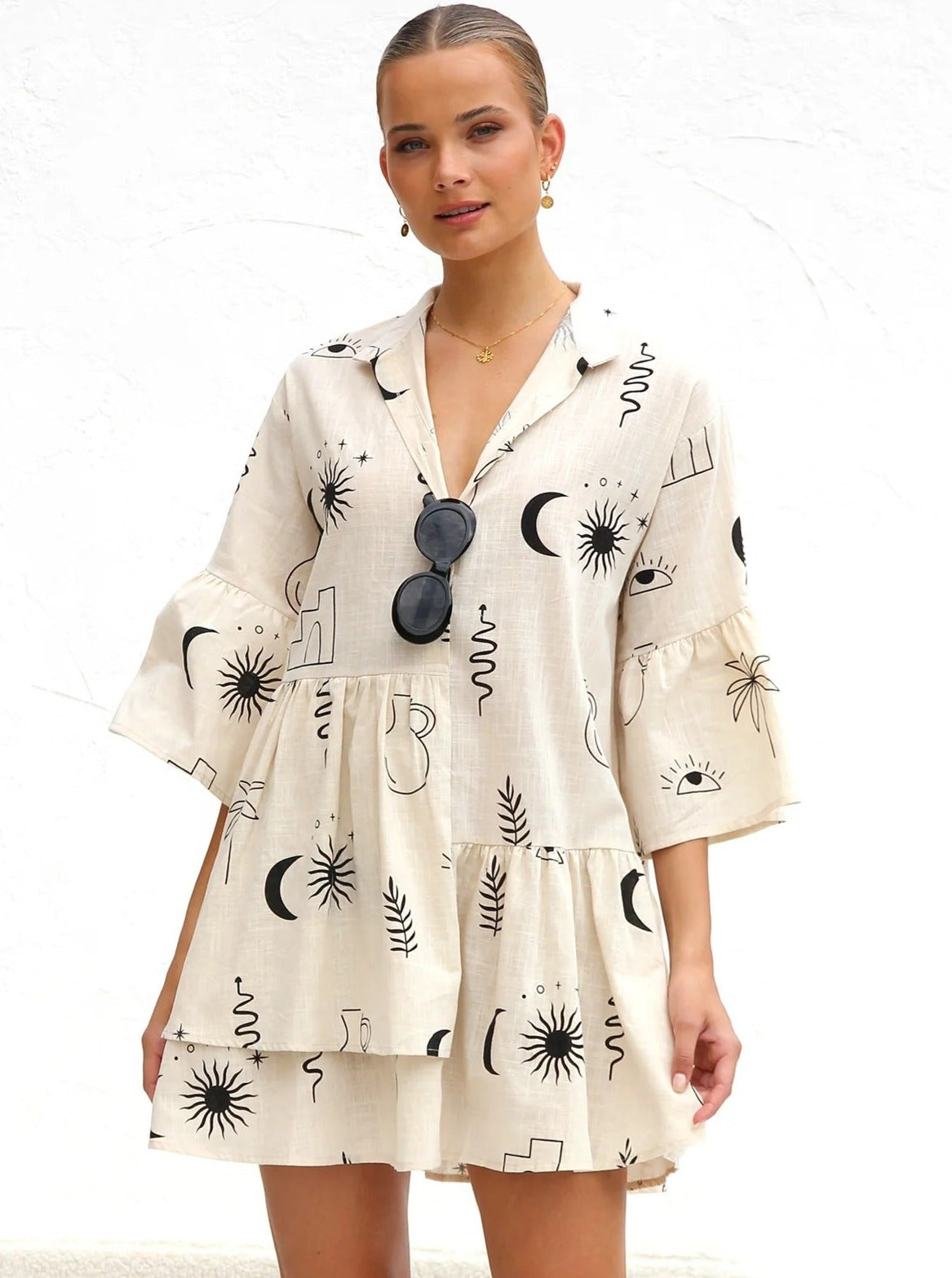 Simple Black Moon Ethnic Style Loose Shirt Short Dress