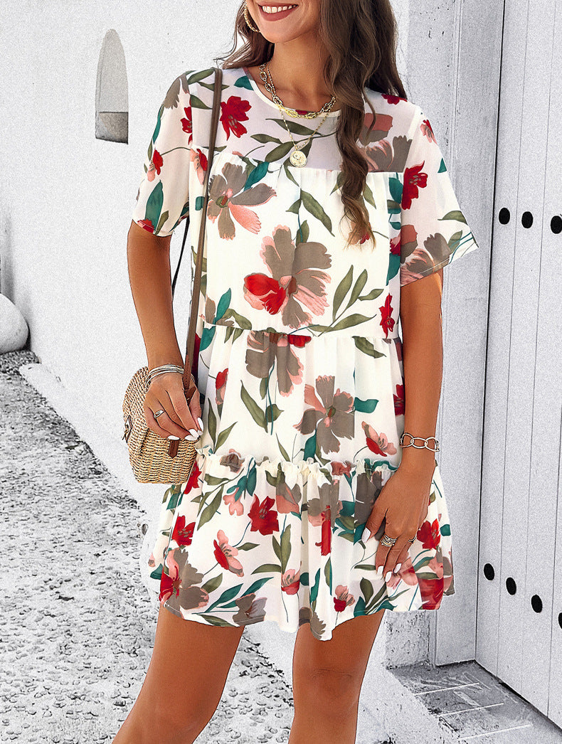White Leisure Vacation Printed Short-Sleeved Dress