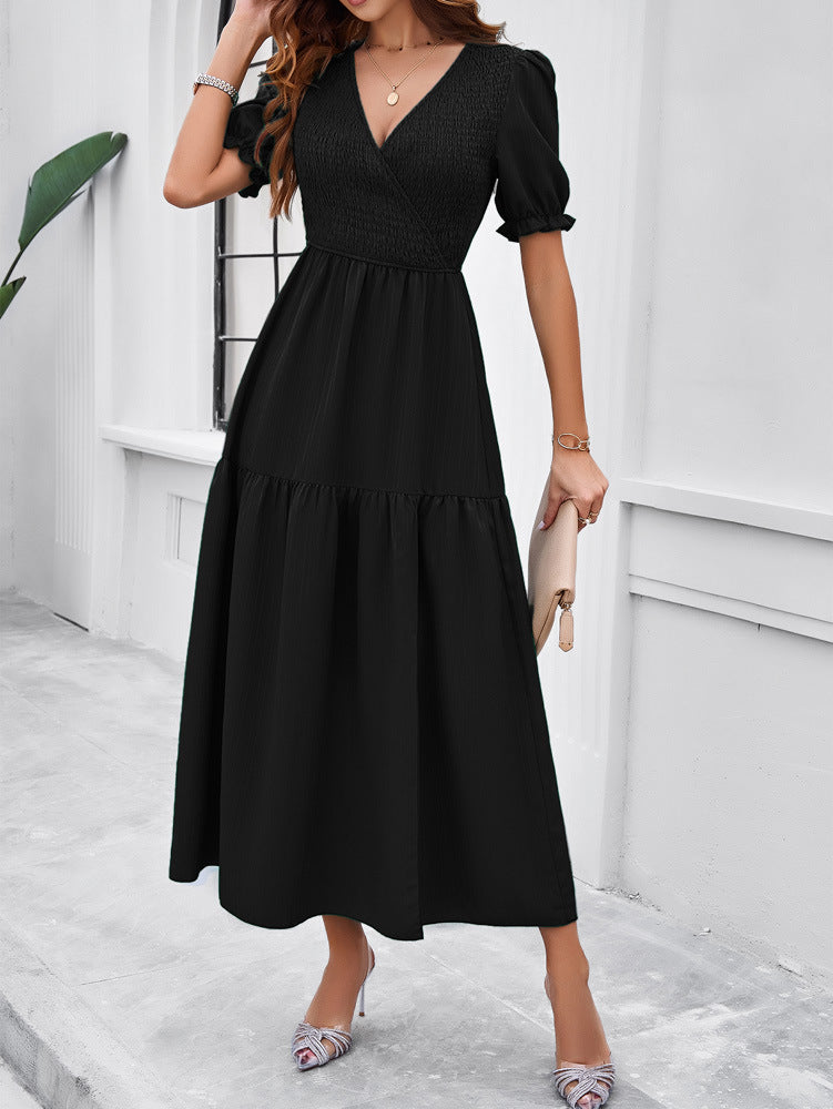 V-Neck Short Sleeved Long Dress